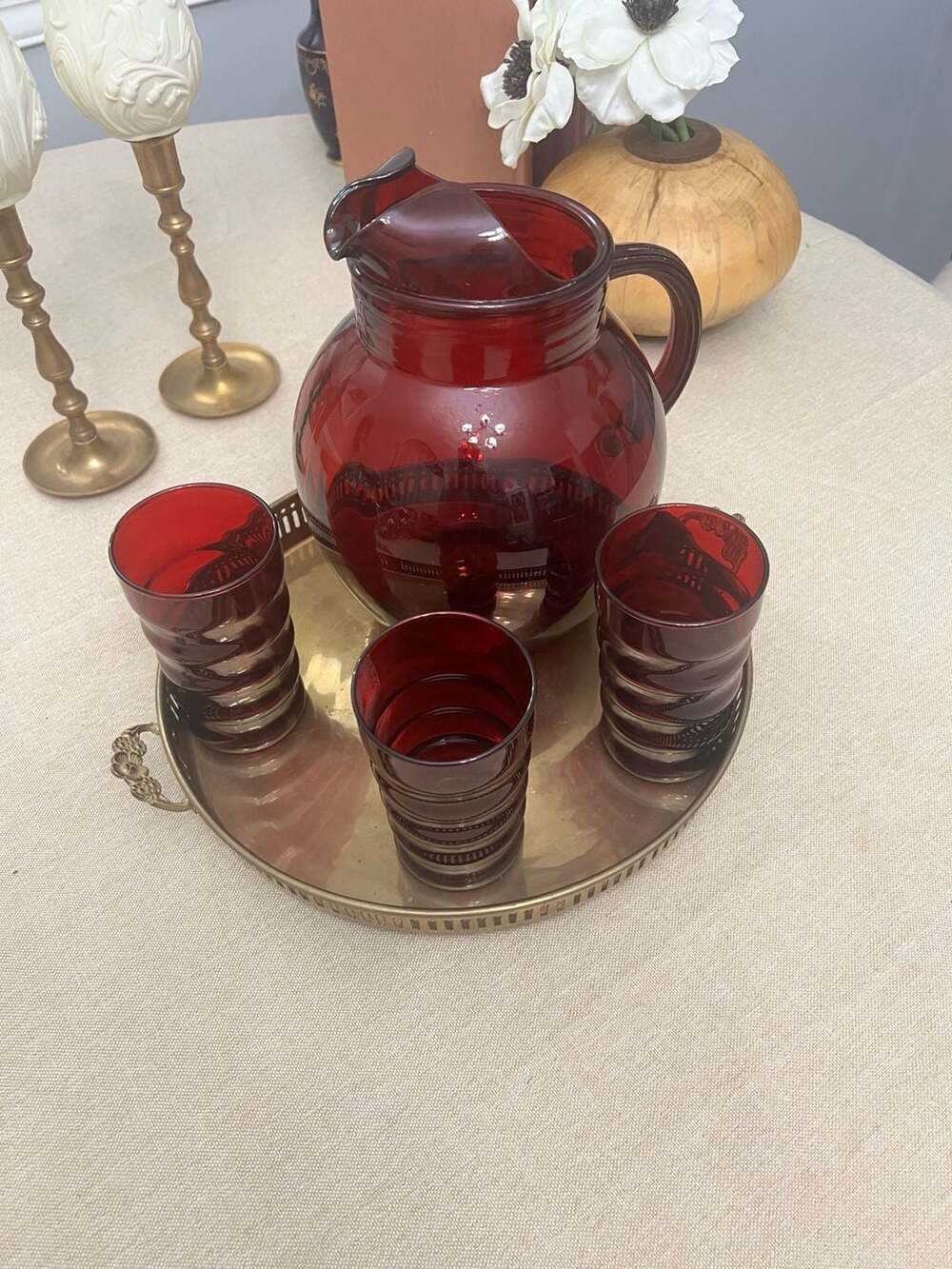 Vintage Anchor Hocking Royal Ruby Red Ball Pitcher and 3 Tumblers Set